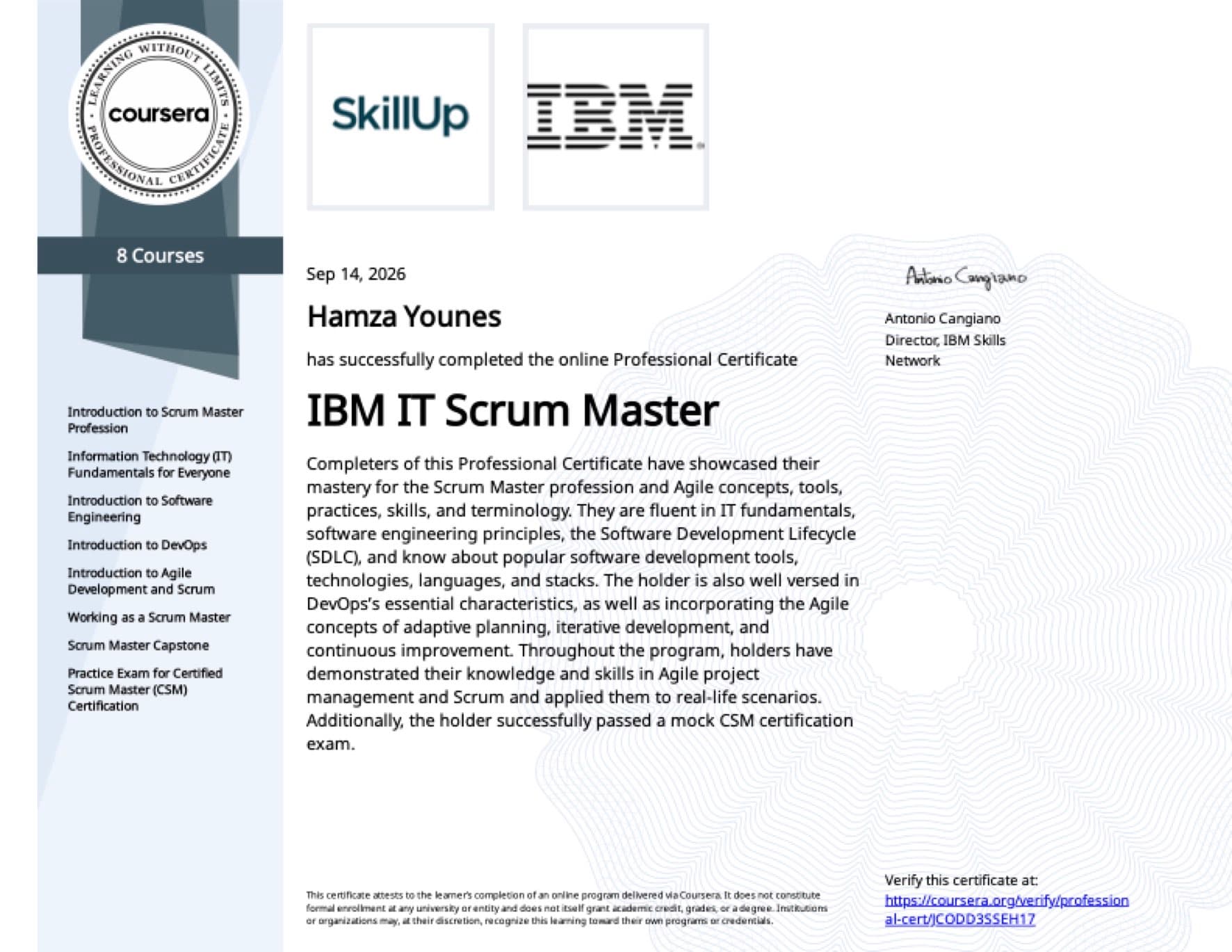 IBM IT Scrum Master certificate