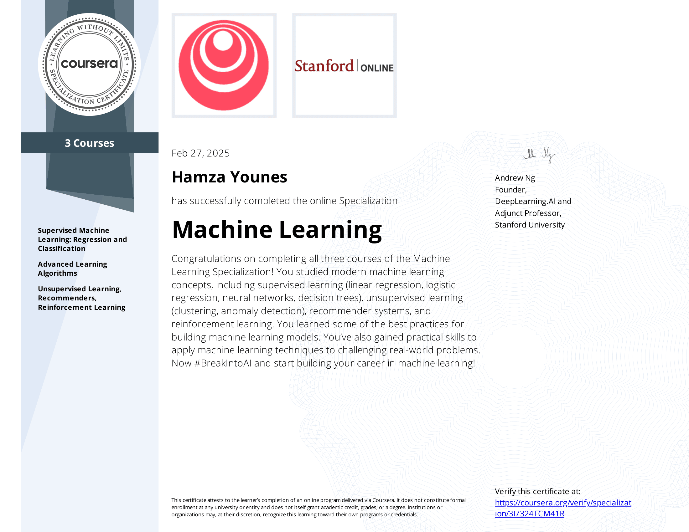 Stanford & Deeplearning.Ai Machine Learning certificate